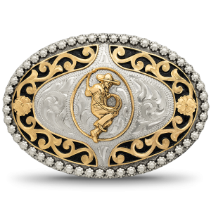 A custom belt buckle for men featuring a charro mexican cowboy built on a german silver base adorned with scrolls, flowers and berries